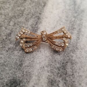 Vintage Bow Shaped Rhinestone Gold Tone Brooch, Estate Lapel Pin
